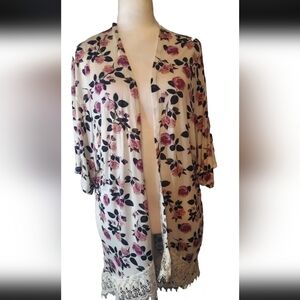 CHARLOTTE RUSSE Womens Size M Floral Print Sheer Fringed Open Front